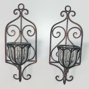 Pair Vintage Wrought Iron Wall Sconces Fixed Glass Candle Holders Rustic Decor
